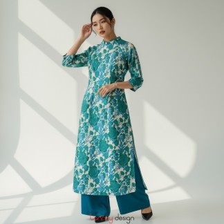 Set Áo Dài Tân Xuân gấm hoa nổi hoa xanh F